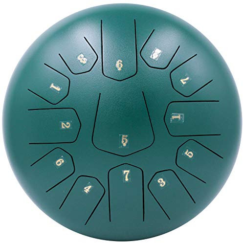 LOMUTY Stahlzungentrommel, 12 Zoll 30 cm Steel Tongue Drum, C-Dur 13 Noten, Handtrommel HandPan Drum mit Drumsticks,Tragetasche,Musikbuch und 4 Fingerpicks(Dunkelgrün)