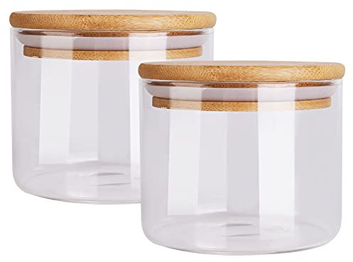 Bocaux Conservation Verre, 2pcs Bocal de Stockage Hermétique Bocal en Verre avec Couvercle en Bambou et Rondelle en Silicone Pot en Verre pour Aliments Secs et Liquides, 450ml