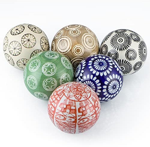 Sanbege Decorative Porcelain Balls, 3 Centerpiece Balls Set, Floating Ceramic Orbs Spheres for Bowl, Vase, Basket, Dish, Fish Tank, Home Decor, Pack of 6 (Assorted Geometric)