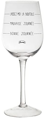 Le Fabuleux Shaman 41-2X-006 Verre à vin Humeur du Jour Bonne journée Mauvaise journée Laissez-Moi la Bouteille Transparent et Noir Verre D8,5 x H22,5 cm