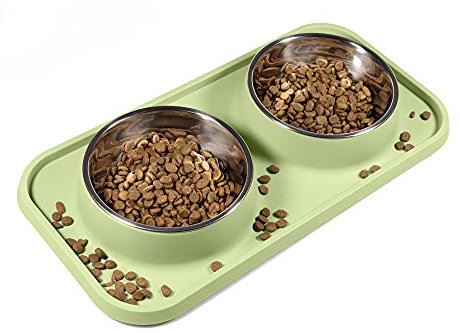 L.D.Dog Cat Food Bowls, Cat Bowls Non-Skid and Non-Spill Silicone Mats with Stand, Removable Stainless Steel Food and Water Dishes for Cats, Small Size Dogs (Olive Green)