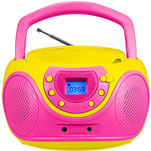 hPlay Gummy P16 Portable CD Player Boombox AM FM Digital Tuning Radio, Aux Line-in, Headphone Jack, Foldable Carrying Handle (Pink)