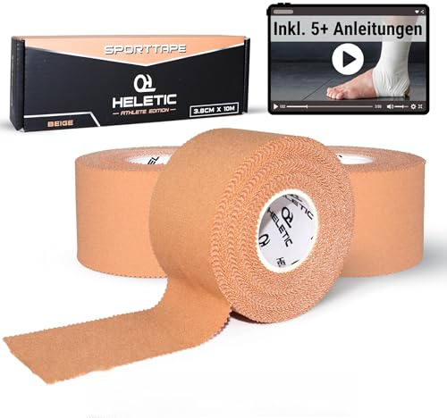 HELETIC Sporttape 3,8cm x 10m Athlete Edition - starres Tape, extra Starke Klebkraft, leicht abreißbar & wasserabweisend - inkl. Taping Video Anleitungen
