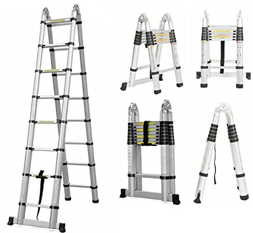 Scala telescopica in acciaio inox, 2,5 + 2,5 m, scala pieghevole antiscivolo, scala a libro, per interni ed esterni, 150 kg di portata, EN131
