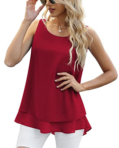 Yommay Débardeur en mousseline de soie pour femme, élégant, sans manches, business, décontracté, tunique, fluide, rouge bordeaux, L