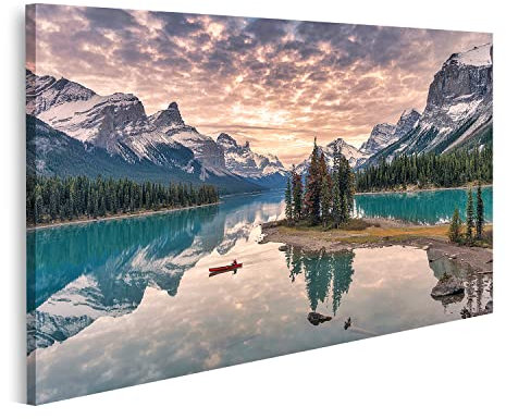 Bild auf Leinwand Reisende Kanufahrer Rocky Mountain Reflexion Maligne Lake Spirit Island Jasper National Park Kanada Landschaften Leinwandbild Wandbild Prime Bilder für Wohnzimmer etc.