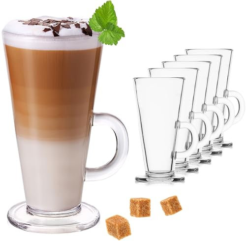 PLATINUX Bicchieri da caffè con manico, 270 ml, set da 6 pezzi, in vetro, bicchieri da tè e caffè freddo, latte macchiato