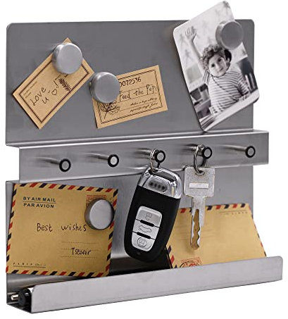 LuHeToz Edelstahl-Schlüssel- und Posthalter für die Wandmontage mit magnetischer Memotafel - 5 Schlüsselhaken und 5 Magnete (Band)