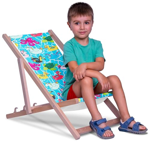 DreamRoots Kinder Liegestuhl Holz Gr. S, Pool Toys | Klappbarer Campingstuhl faltbar, für Garten & Strand, bis 130 kg, waschbarer Bezug, 100% Polyester, UV-beständig, Kinderliege