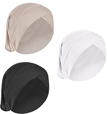 PURFUN 3 Pcs Muslimische Innere Hijab Caps Frauen Einfarbig Unter Hijab Caps Stretchy Atmungsaktive Volle Abdeckung Unterkappe Tube Bonnet, Weiß+Schwarz+Beige, Medium