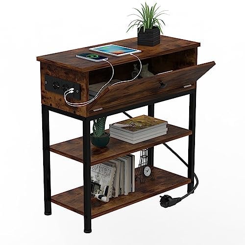 Rcynview d'appoint et Table de Nuit avec Prises et Ports USB, Cadre en Acier Robuste, Bois, Salon, Chambre à Coucher, Assemblage Facile, 1 Tiroirs 2 Compartiment Ouvert, 55 x 26 x 63 cm, Marron