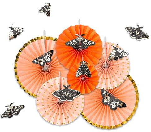 Boho Gold Orange Beige Moth Fan Wall Decoration for Bohomian Halloween Decorations Butterfly Paper Fan Hanging Wall Decor Home Birthday Bridal Baby Shower Party Supplies