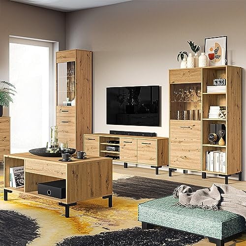 Lomadox Wohnmöbel Set Wohnwand braun 4-teilig Modern, 1 Vitrine, 1 Highboard, 1 TV-Lowboard, 1 Couchtisch