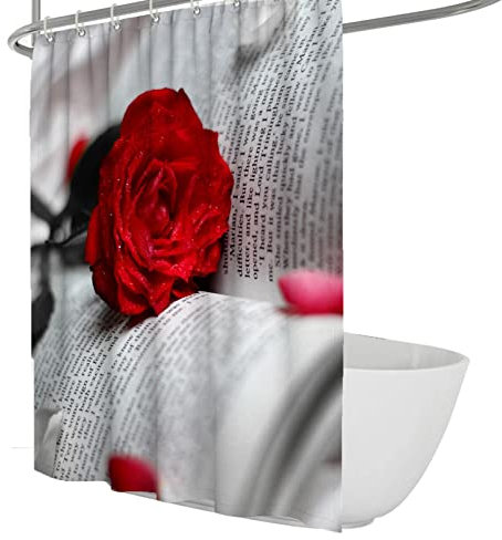 Via Vela Blumenduschvorhänge Waschbarer strapazierfähiger Stoff Badezimmerdekor Botanisch Rot Rose Hotelstil Extra Langer Duschvorhang mit Haken 150x180 cm