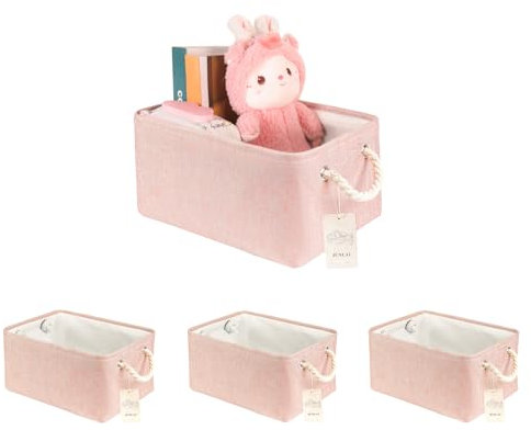 JUNLAI Lot de 4 paniers de rangement en tissu avec poignées - Pliables - Petites boîtes de rangement roses - Pour bureau et maison - Livre, vêtements, jouets (rose, petit)