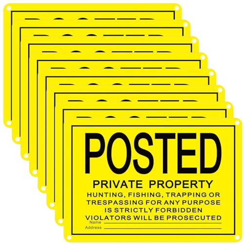 Tandefio Lot de 8 panneaux réfléchissants « No Trespassing » en aluminium pour avertissement, interdiction de chasse, pêche, piégeage, utilisation intérieure et extérieure, 25,4 x 17,8 cm (jaune)