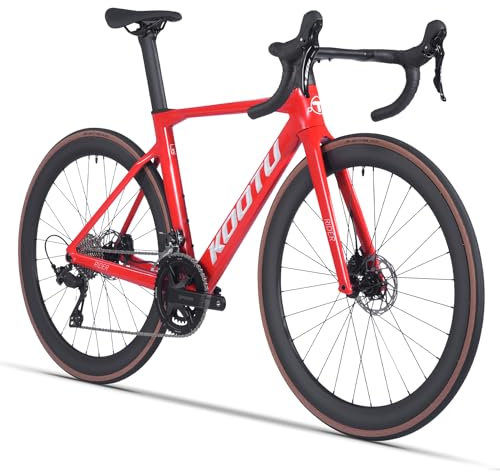 KOOTU Carbon-Rennrad, Vollcarbon-Scheibenbremse Leichtbau-Rennrad mit Shimano R7120 24-Gang-Gruppenschaltung und hydraulischer Scheibenbremse für Erwachsene（Red,56cm）
