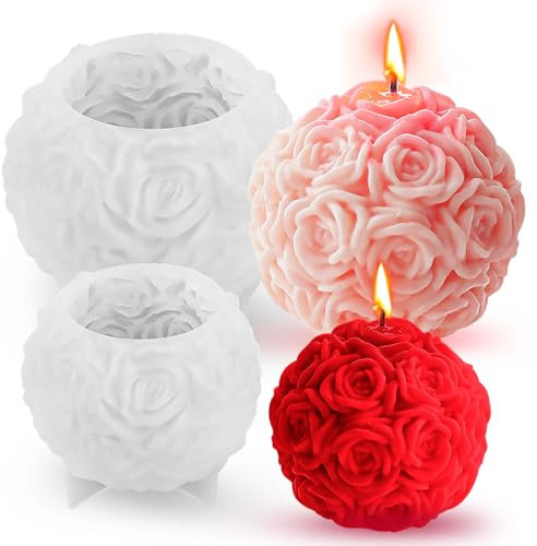 2 Stück Rosenkugel Kerzenform, Silikonformen Gießformen, Kerzen Selber Machen Set, 3D Rosen Blumen Kerzenformen zum Gießen, Kerzen Formen Silikon für DIY Duftkerze Ornamente Valentinstag