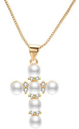 Aleasha Kreuz Perlenkette Damen Perle Anhänger Kreuz Kette Choker Mädchen Kurze Halskette Gold Weiße Perle Weihnachten Schmuck Geschenk