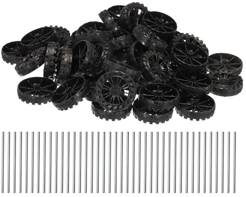 sourcing map 50pcs Toy Car Wheels, 40mmx10mm Plastic Roll and 2mmx50mm Shaft Round Rod Axles for DIY RC Car Truck Boat Helicopter Model Part, Black