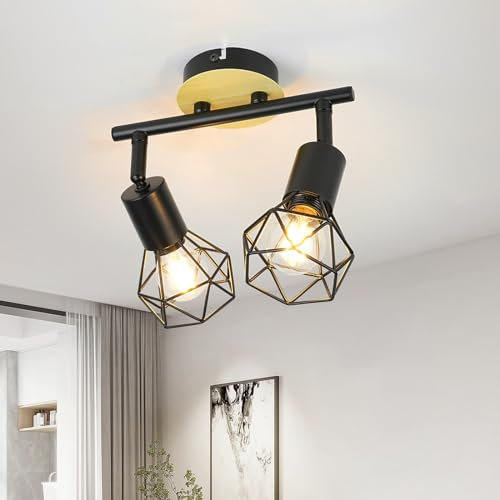 FORCOSO Deckenstrahler Schwarz 2 Flammig - Verstellbare Vintage Deckenleuchte Holz E14 Industriell Wandleuchte Innen LED Deckenlampe für Wohnzimmer Schlafzimmer Küche Flur - Ohne Leuchtmittel