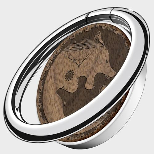 Carveit Anneau de Support pour téléphone Portable réglable à 360° - Anneau Universel en Métal pour Tous Les, Métal en Bois Anneau Support, Argent-Noyer/Loup dans Le Style [1 Pièces ]
