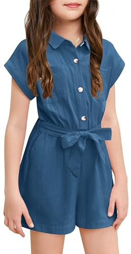 Haloumoning Cute Jumpsuit for Girls Summer Children's Jumpsuit Button Down with Belt Kids Short Romper with Pockets, blue, 8-10 Years