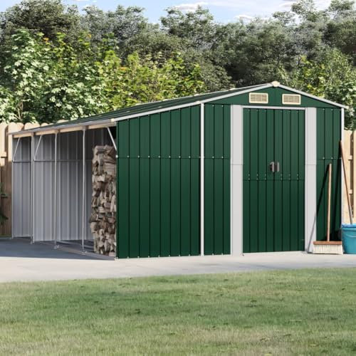 Tidyard Abri de Jardin Vert 277x365,5x179 cm Acier Galvanisé, Remise de Jardin avec Toit et Porte, Solution de Stockage Extérieur Cabane de Rangement à Outils