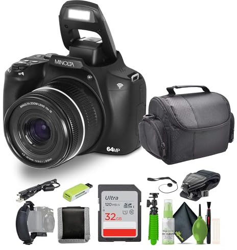 Minolta 64 Mega Pixels Auto Focus Digital Camera with 10x Optical Zoom, 4K Ultra HD Video and Macro Shooting, Bundle with 32 GB Memory Card + Vlogging Tripod + Cleaning kit + More Accessories - Black