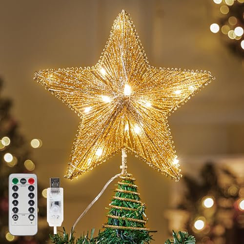 JOIEDOMI 12 pulgadas Metal estrella de Navidad diseño radial 20 LED blanco cálido dorado mando a distancia alimentado por USB para decoración del árbol de Navidad, hogar, vacaciones, fiesta de Navidad
