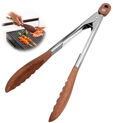 Pinze da Cucina Professionali in Acciaio Inox e Legno di Ulivo, Pinze Multifunzionali da 30 cm per Cucinare, Servire e Grigliare, Antibatteriche, Resistenti al Calore e Facili da Pulire
