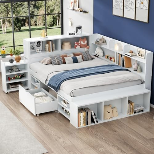 Merax Cabinet Platform bed with trundle drawers & bookcase & cupboard, Double Wooden Storage Bed for Children Adults, 1 drawer, 1 storage besidetable,135 x190 cm, White