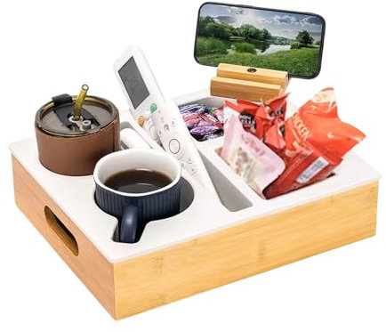 Spalivivre Couchbar Snackbox, Snackbox mit Fächern, Rechteckig, Silikon und Holz Sofatablett mit 360° Handyhalter für Wohnzimmer Sofa Restaurant Picknick Party