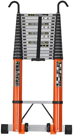 Aluminium-Teleskopleiter mit Haken, tragbare Anti-Rutsch-Leiter, längere Klapptreppe mit mobilen Rollen, 5 m - 8 m (Höhe 5,4 m)