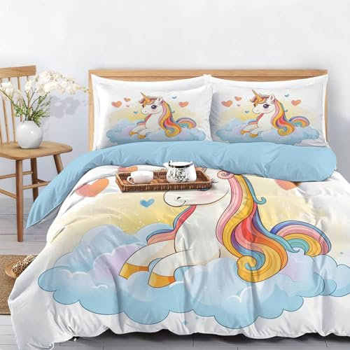 Bettwäsche 135×200CMBettgarnitur - Cartoon-Einhorn Bettwäsche Sets Microfaser Bettbezug mit Kissenbezug Bügelfrei & Knitterfrei Fantasy-Kunst Pastell Regenbogenfarben Deckenbezug mit Reißverschlus