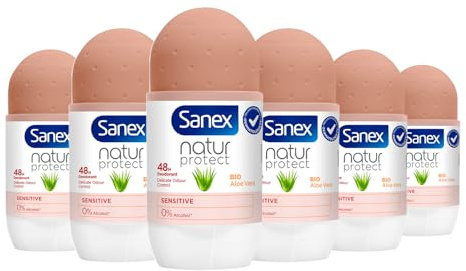 SANEX Natur-Deodorant mit Aloe Vera, Bio, für empfindliche Haut, 48-Stunden-Schutz, 6 x 50 ml