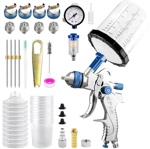 HVLP Spritzpistole, Spritzpistole-Kit mit 10 Stück 650ML Einwegbechern Spritzpistole Cups Lackierpistole Spritzpistole 4 Düsen 1,4mm 1,7mm 2,0mm 2,5mm Druckluft Spritzpistole Sprühpistole