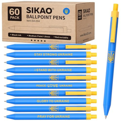Sikao Ukraine Kugelschreiber Set, 60 Stück Blau‑Gelbe Kugelschreiber mit Schwarzer Tinte 1,0 mm, „Support Ukraine“ Klick‑Stifte mit Tryzub‑Symbol, für Schule, Büro, Events & Aktionen