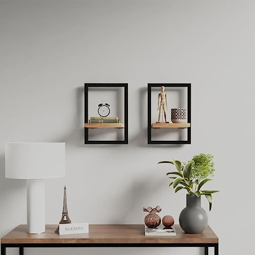 Qnhdfrt Wandregal Set 2 STK Industrial Style Massivholz Akazie Stahl 25x25x35 cm für Bücher Deko Wohnzimmer Bad