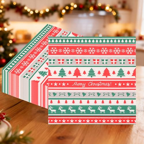 Trimming Shop 20 rote Weihnachtspapierservietten – 2-lagig, 33 cm, festliche Servietten mit Rentieren, Schneeflocken, Bäumen und Frohe Weihnachten, für Abendessen, Partys und Weihnachtsfeiertage