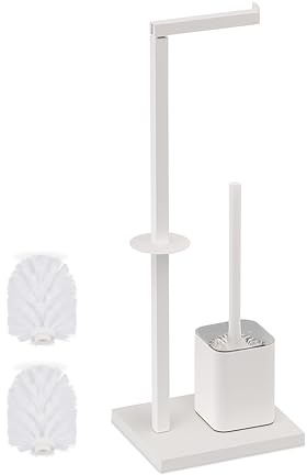Relaxdays toilet set, HWD: 67.5 x 20 x 15.5 cm, metal, standing toilet paper holder, toilet brush, spare holder, white
