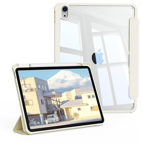 SQQSOOZ Clear Case for iPad A16 11th/10th Gen 2025/2022, Cream White | Transparent Hard PC Back Shell & TPU Frame Shockproof Cover, Trifold Stand with Pencil Holder, Auto Wake/Sleep