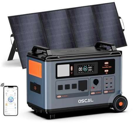OSCAL 3600W Solargenerator mit 400w Solarpanel, 3600Wh Tragbare Powerstation, LiFePO4 Akku, 0–80% in 1 Std, USV, 14 Ausgänge, APP, Portable Power Station für Camping, Wohnmobil, PowerMax 3600SE