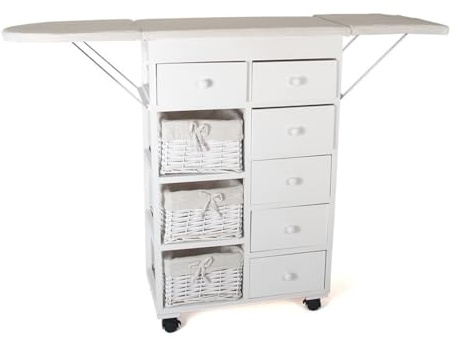 DRW Mueble planchador de Madera con cajones y alas Plegables 122.5x30x83.50 cm