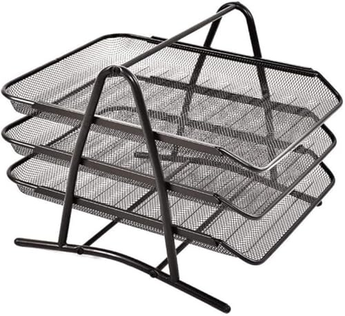3-Tier Document Tray, Desktop File Organiser, Black | Openwork Mesh Design, A4 Paper Storage Rack, Home Office Desk Letter Sorting Organiser
