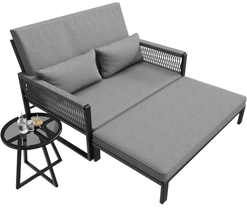 Zenithpath Garten Lounge 196x100cm, Gartenliege Outdoor Sofa mit Geflochtenen Armlehnen, Wetterfeste Terassenmöbel inkl. Couchtisch, Grau