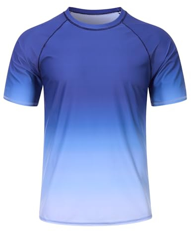 Fanient Mens Rash Vest Men's UV Sun Protection Short Sleeve Swim Shirts Quick Dry Blue Gradient Rash Guard for Running M