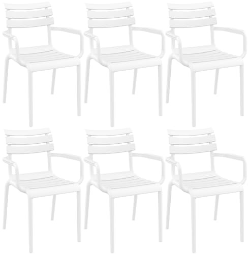 CLP 6er Set Gartenstühle mit Armlehnen Paris, wetterfeste Kunststoffstühle stapelbar, Outdoorstuhl UV-beständig bis 160 kg belastbar, Farbe:weiß
