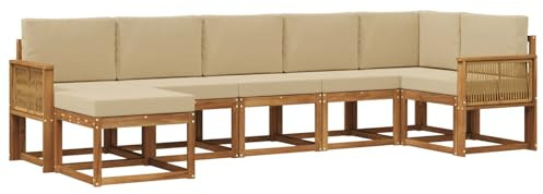 vidaXL Outdoor-Sofagarnitur mit Kissen 7 pcs Natur und Beige Polyester, Modularer Gartensofa-Set, modernes Outdoor-Sofa, wetterfester Terrassenmöbel, Akazienholz, braunes Sitzen