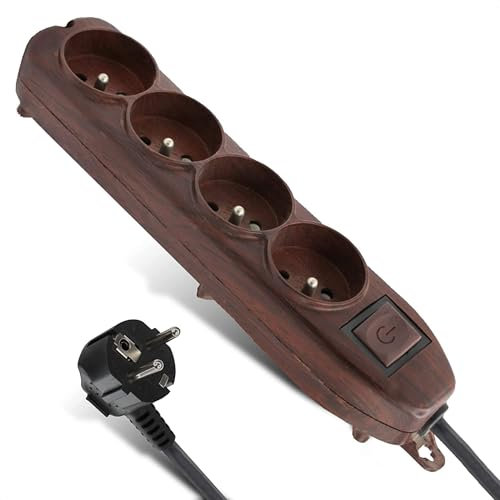 FISHTEC Regleta Eléctrica 4 Tomas - Motivo Madera - Interruptor General - Cable 1,5 m - Marrón - Norma NF